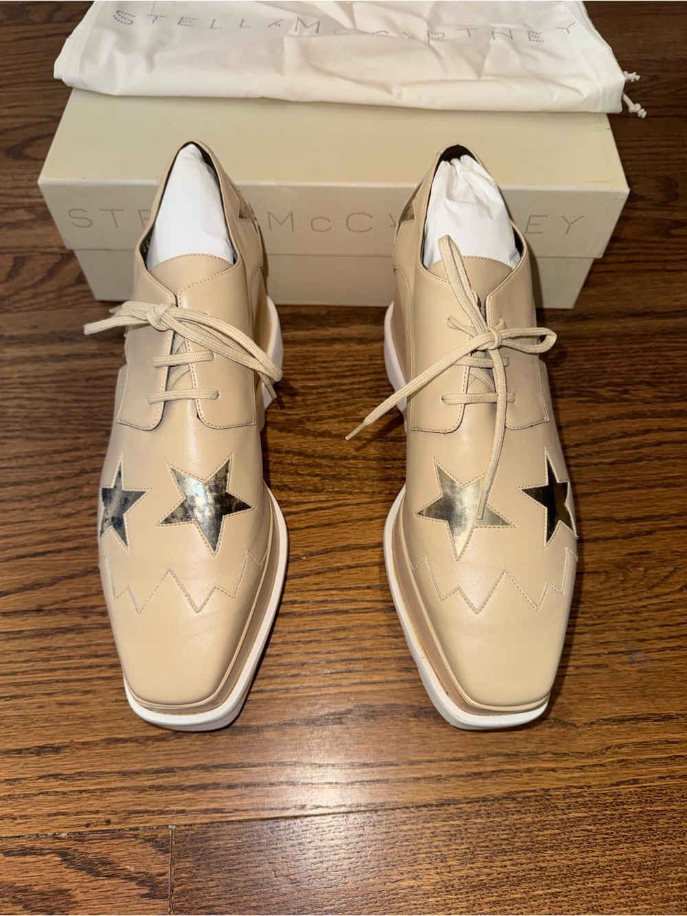 Size 40.5 Stella McCartney Elyse Star Platform Oxfords Nude Gold Black - Picture 3 of 13